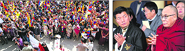 Supporters at a protest rally and (right) the Dalai Lama and Tibetan Prime Minister-in-exile Lobsang Sangay at a function to observe the 53rd anniversary of the Tibetan Uprising Day in Dharamsala on Saturday.
