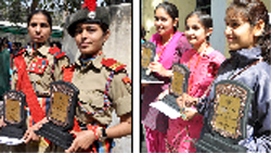 Students honoured with the NCC Roll of Honour pose with their trophies after the felicitation ceremony held during the annual prize distribution function at the Government Rajindra College in Bathinda
