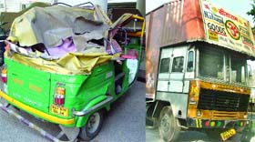 A loaded truck that hit an auto at Vikas Marg, near ITO, on Saturday night in New Delhi on Sunday