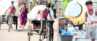 Children pull rehris; and (right) a child washes utensils at a dhaba in Jalandhar