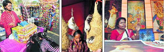Children peep into a bioscope at Saras Mela in the Government College for Women, Ludhiana; Artisans showcase artificial nests; A Bengali artist displays her paintings
