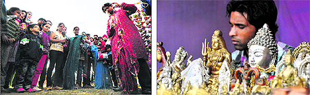 Visitors enjoy a puppet show; and A sculptor with religious idols at the fair