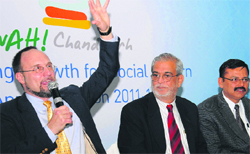 From left: David Wittenberg, CEO, The Innovation Workgroup, Vijay Thadani, Chairman, CII, Chandigarh Council, and VK Singh, FC, Chandigarh Admn at the Innovating for Social Return, CII Chandigarh,