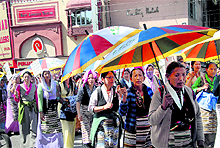 Tibetan women take out a peace march in Dehradun on Monday