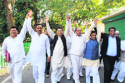 BSP legislators and leaders come out of Raj Bhavan after meeting Governor Margaret Alva in Dehradun on Monday. 