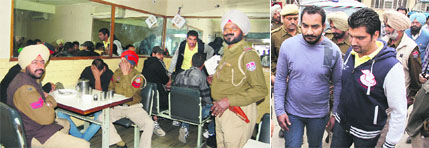 Policemen with undertrials in a restaurant and (right) Gopi and Kaila, who allegedly attacked scribes, in police custody in Jalandhar