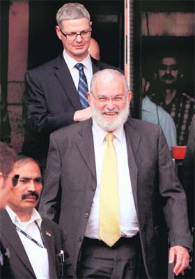 Israels National Security Advisor Yaakov Amidror with Israeli envoy to India Alon Usphiz (rear) after meeting Home Minister P Chidambaram in New Delhi