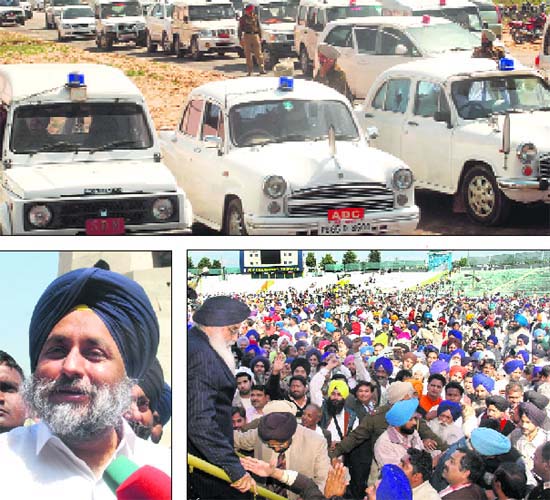 Clockwise from top: Officers cars parked at the Chappar Chiri site; a file photo of Parkash Singh Badal at the PCA Stadium in Mohali after his government took oath in 2007; and Sukhbir addresses the media after inspecting preparations for the swearing-in ceremony on March 14