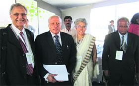 Former PAU vice chancellor Manjit Singh Kang (L), noted agricultural scientist M.S. Swaminathan (2nd from L) and other delegates at the first-ever Global Food Security Forum held last week in Rabat, Moroccos capital.  Photo courtesy Manjit Singh Kang