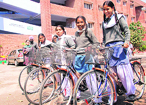 The girls who were given the bicycles in Mohali