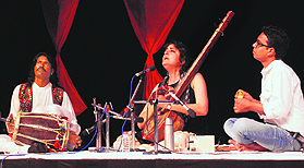 Shabnam Virmani performs during the Kabir festival at the Tagore theatre in Chandigarh on Tuesday