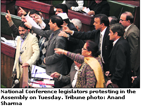 National Conference legislators protesting in the Assembly on Tuesday. 