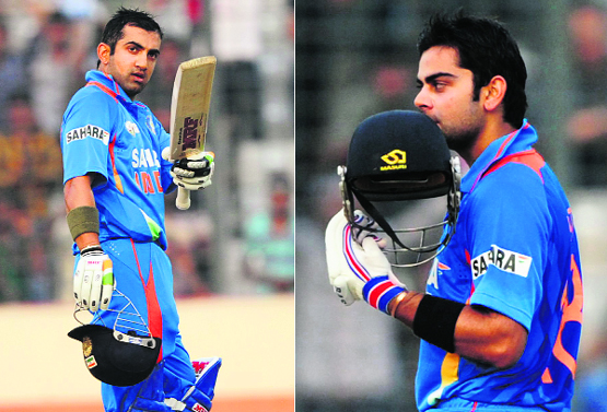 Gautam Gambhir (Above Left ) and Virat Kohli celebrate after completing their centuries against Sri Lanka in Mirpur on Tuesday. India scored 304 for 3 in their allotted 50 overs.