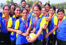 Students of GHG Khalsa College of Education, Gurusar Sadar, in a jubilant mood after winning the Inter-College Volleyball Tournament for Women at Panjab University, Chandigarh, on Wednesday