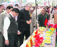 Vice-Chancellor KS Khokhar (second from left) has a close look at exhibits on a stall after inaugurating a kisan mela on the HAU campus in Hisar on Wednesday.  