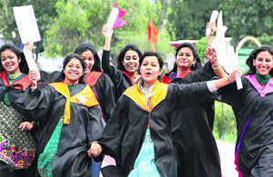 Students of Hans Raj Mahila Maha Vidyalaya in jubilant mood after receiving degrees at the annual convocation in Jalandhar on Wednesday. 