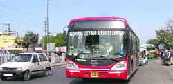 A bus on a trial run on the Ferozepur road in Ludhiana