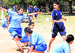 Players in action during a match at the Inter College kho kho tournament (C division) at Panjab University, Chandigarh, on Thursday