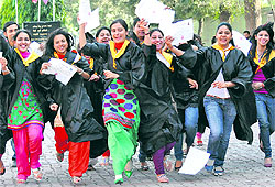 Students of DAV College in a jubiliant mood after receiving their degrees at the convocation in Sector 10, Chandigarh, on Thursday