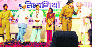 Students present a skit on foeticide during an inter-college competition organised by the Health Department in Sirsa