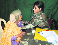 An Army doctor examines a patient at a medical camp in Kathua district 