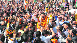 The newly elected MLC Jugal Kishore Sharma with his supporters in Jammu