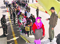 Passengers bound for Leh queue up to board a plane in Jammu 