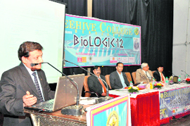 A speaker at a national symposium orgnised by Beehive College in Dehradun on Thursday. 