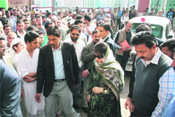 PDP president Mehbooba Mufti on her way to address a public meeting in the Talab Khatikan area of Jammu on Friday.
