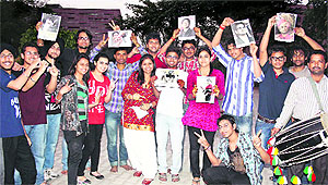 Students of Lovely Professional University celebrate the 100th ton of master blaster Sachin Tendulkar in Jalandhar on Friday