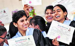 Students in a jubilant mood after getting their degrees during the annual convocation of Guru Nanak Girls College in Ludhiana on Saturday