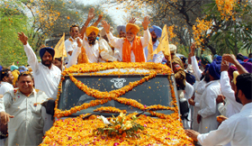 Irrigation minister Janmeja Singh Sekhon being welcomed at Maur in Bathinda on Sunday when he made his first visit after assuming the office.