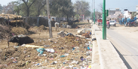 The left side of the divider of the Government College road, which has become a garbage dumping site, is causing inconvenience to the commuters.