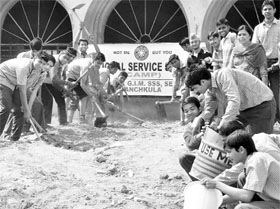 Students take part in a cleanliness drive during an NSS camp at the Sarthak School in Sector 12-A of Panchkula on Sunday.