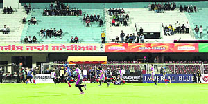 Empty stands at the stadium during the first match of the World Series Hockey in Jalandhar. 
