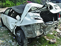 The ill-fated Toyota Corolla car parked at the Shakarpur police station.