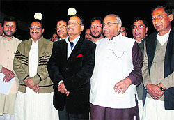 BJP leaders, led by former Chief Minister BC Khanduri, who met the Governor to lodge their protest against the nomination of an Anglo-Indian to the House in Dehradun on Sunday