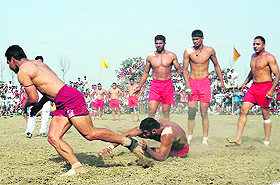 A kabaddi match in progress at Ahmedgarh on Sunday. 