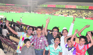 Youngsters celebrate victory of Chandigarh Comets against Pune Stykers at Hockey Stadium, Sector 42, Chandigarh, on Monday. 