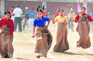 Children during the annual sports meet at School in Patiala, on Monday.