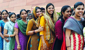 Girls from Kerala queue up to watch the proceedings of the Budget session in New Delhi on Monday.