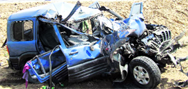 The mangled remains of a Scorpio after its accident.