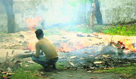 A safai karamchari burns dry leaves at a Sector 7 park in Karnal.