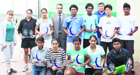 The winners of the HTA-AITA Championship Series Tennis Tournament with their prizes at the Harvest Tennis Academy, Jassowal.