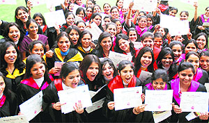 Students of Postgraduate Guru Gobind Singh College for Women, Sector 26, Chandigarh, in a jubilant mood after receiving their degrees at the convocation ceremony