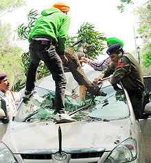 People and policemen try to salvage a car after a huge branch of tree fell on it