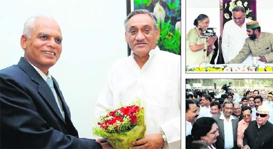 (Clock-wise) Chief Minister Vijay Bahuguna meets the Lokayukta, Justice MM Ghildiyal (retd), in Dehradun on Tuesday; Governor Margaret Alva greets Independent MLA Mantri Prasad Naithani, who had been inducted as a Cabinet Minister in the Bahuguna government; and veteran Congress leader ND Tiwari at the Cabinet expansion ceremony