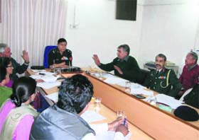 Elected representatives of the Cantonment Board have a heated discussion with Army officers at the Landour Cantt Board meeting in Mussoorie on Tuesday
