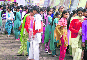 Girls at an agriculture exhibition during an awareness programme, SABLA, organised at Kangra on Wednesday.