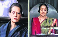 Speaker Meira Kumar and UPA chief Sonia Gandhi in the Lok Sabha in New Delhi on Wednesday.